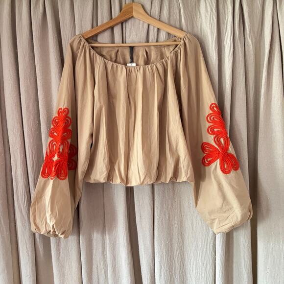 Anthropologie Tops - Anthropologie Neutral Tan Cotton Balloon Sleeve Cord Appliqué Boho Top NWT S